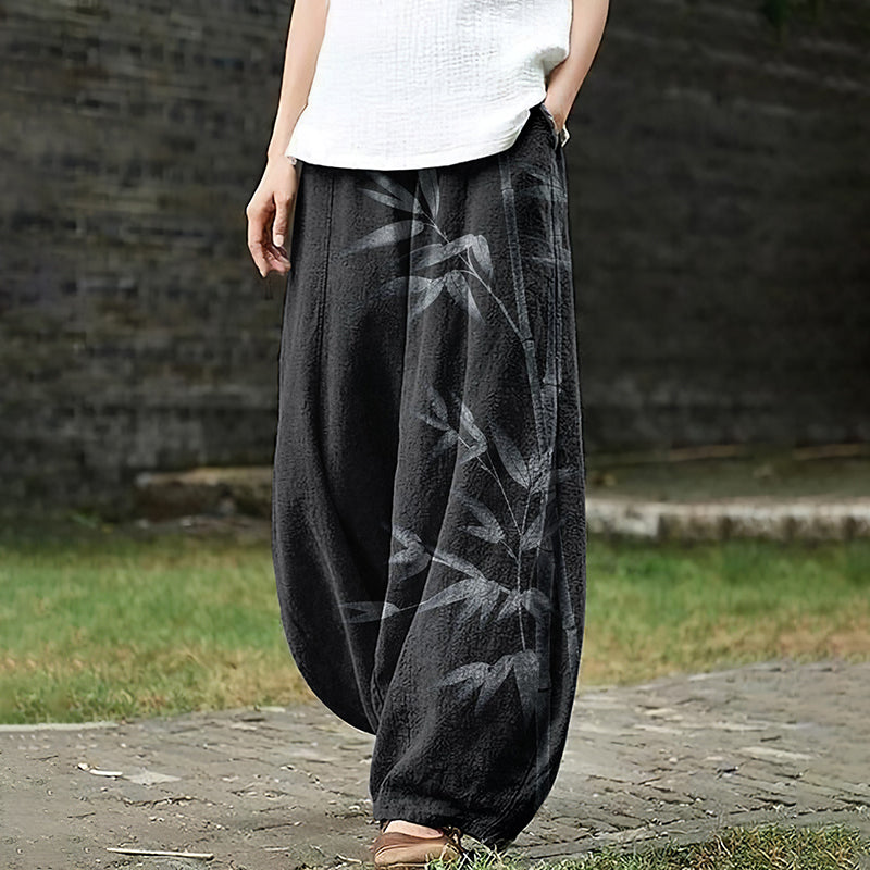 Comstylish Vintage Bamboo Leaf Linen Blend Comfy Pants