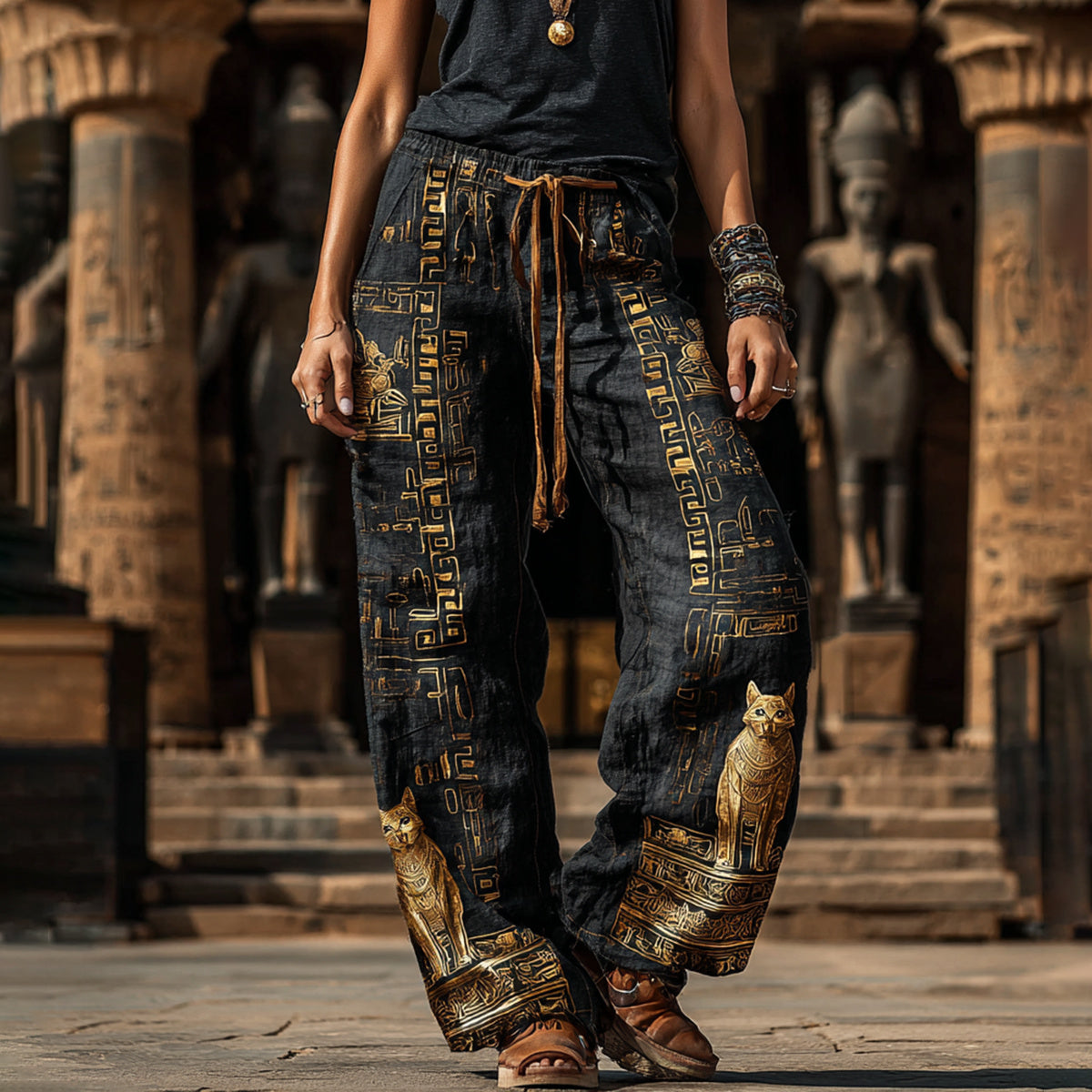 Comstylish Women's Vintage Ancient Egyptian Cat Art Linen Blend Pants