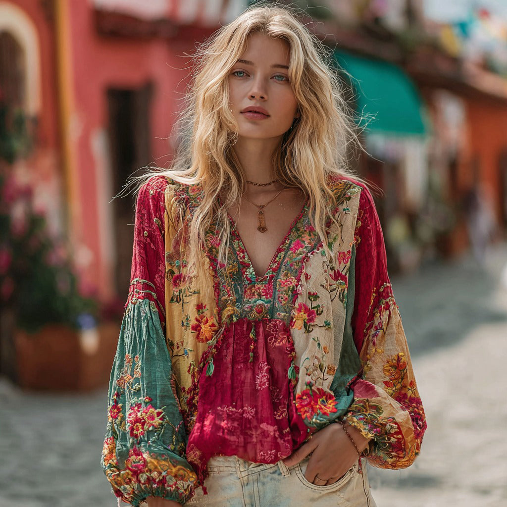 Comstylish Women's Bohemian Ethnic Floral Colorblock Art Linen Blend V-neck Shirt