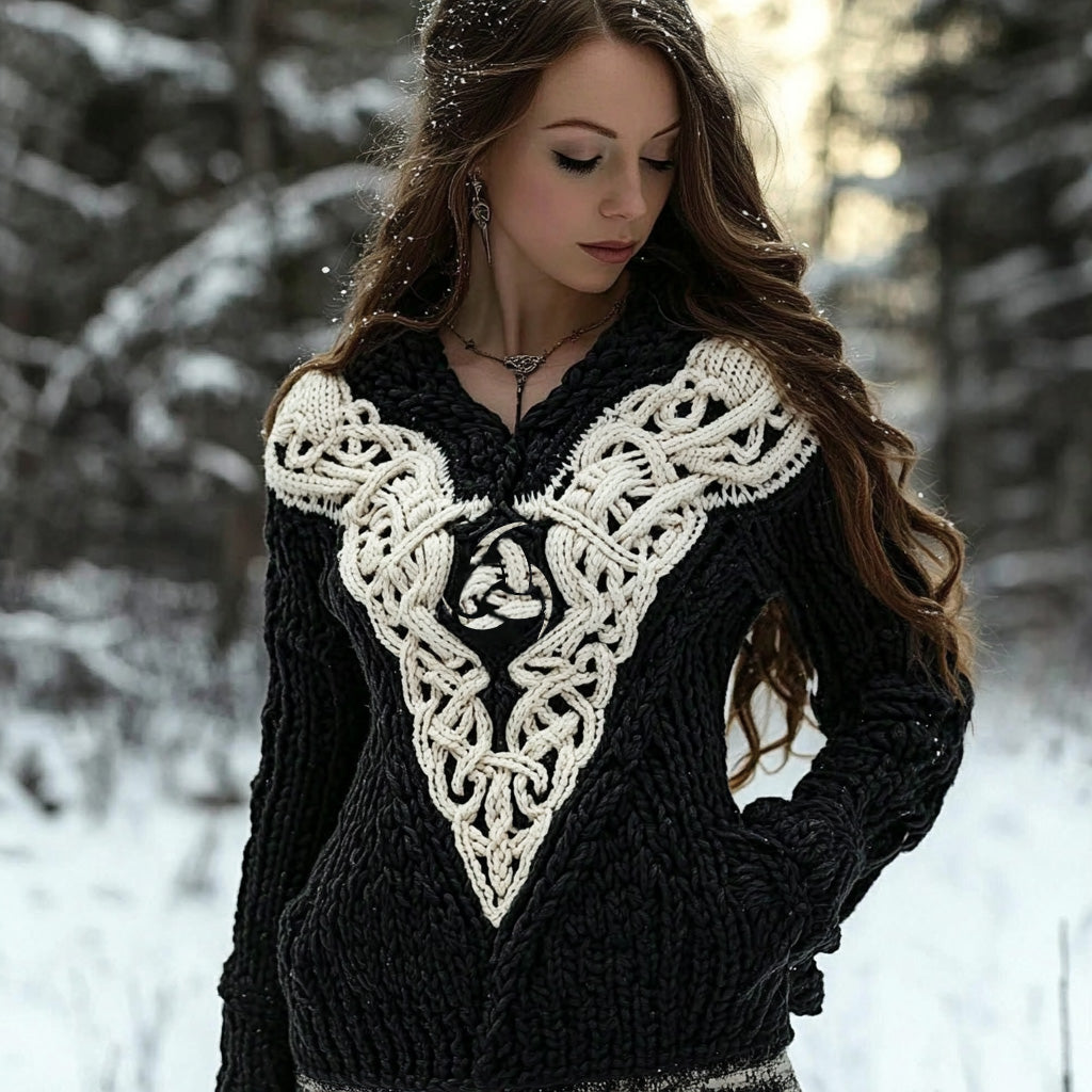 Women's Viking Rune Knit Jacquard Warm V-neck Sweater artswardrobe