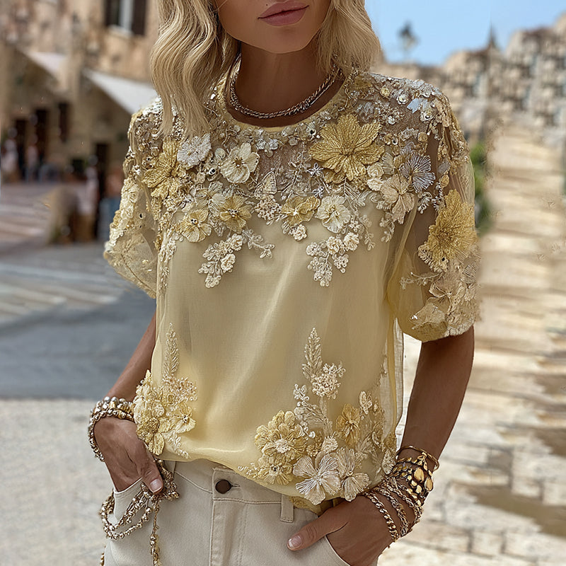 Comstylish Women's Bohemian Yellow Roses And Floral Embroidery Art Linen Blend T-shirt