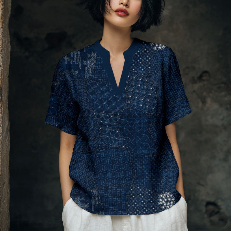 Comstylish Japanese Traditional Sashiko Art Comfy Linen Tunic
