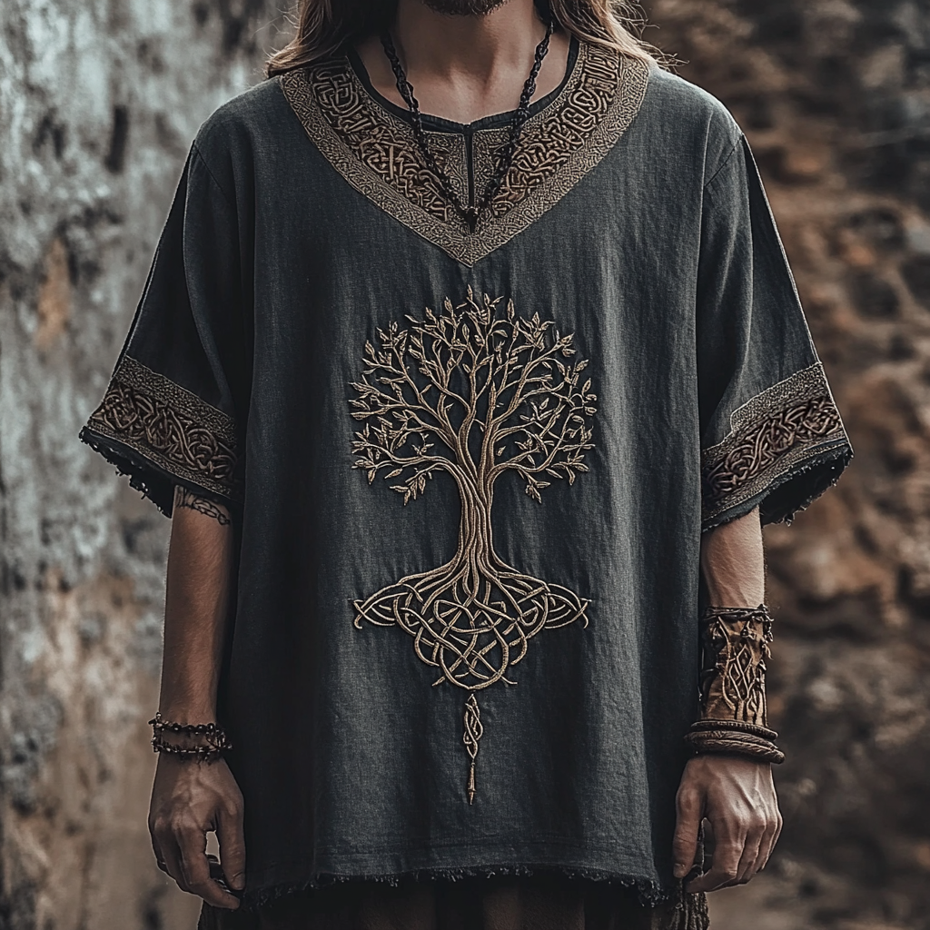 Men's Vintage Viking Tree Of Life Embroidered Crew Neck T-shirt artswardrobe