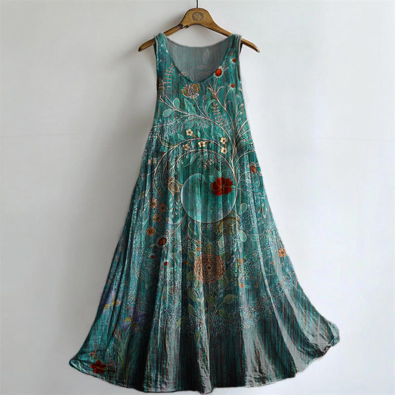 Women's Vintage Ethnic Floral Art Print Sleeveless Cotton Pocket Dress