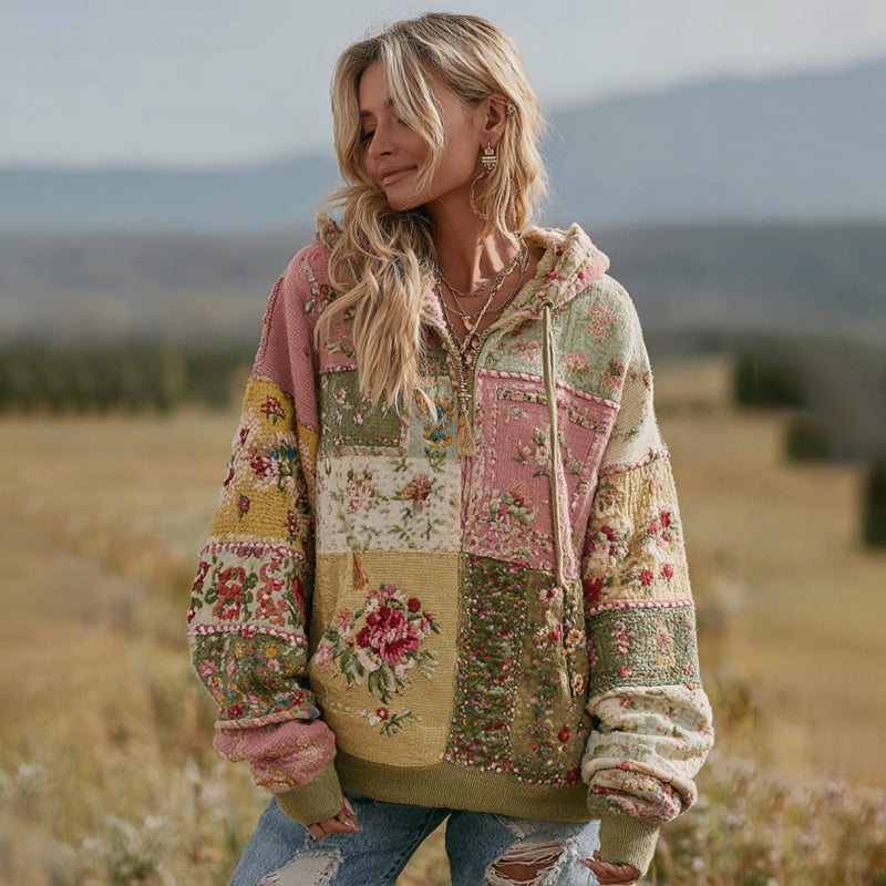 Women's Vintage Floral Patchwork Zipper Casual Hooded artswardrobe