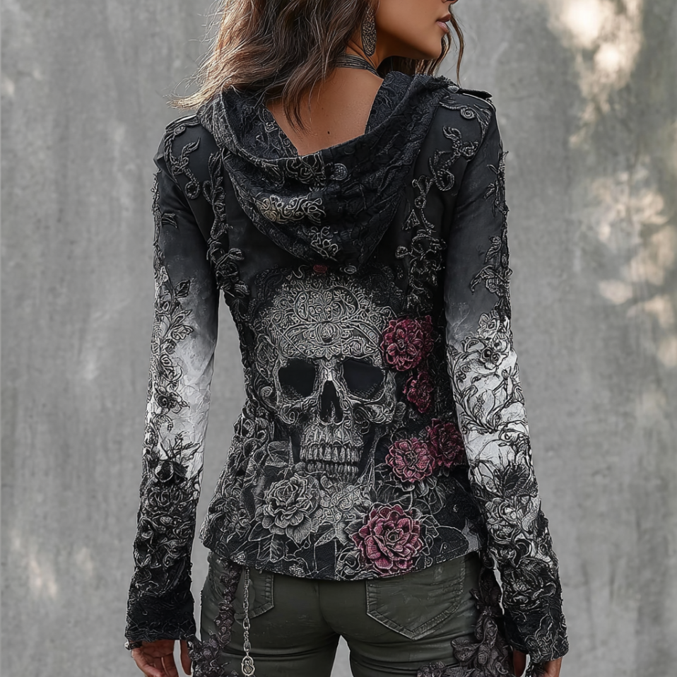 Comstylish A Retro Women's Black-white Gradient Hooded Top With Gothic Skull And Floral Elements Design For Halloween.