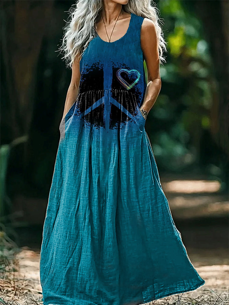 Women's Hippie Art Print Crew Neck Sleeveless Cotton Pocket Dress