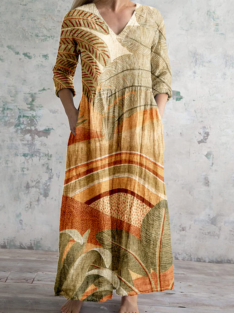 Boho Palms And Plains Art Pattern Linen Blend Maxi Dress artswardrobe