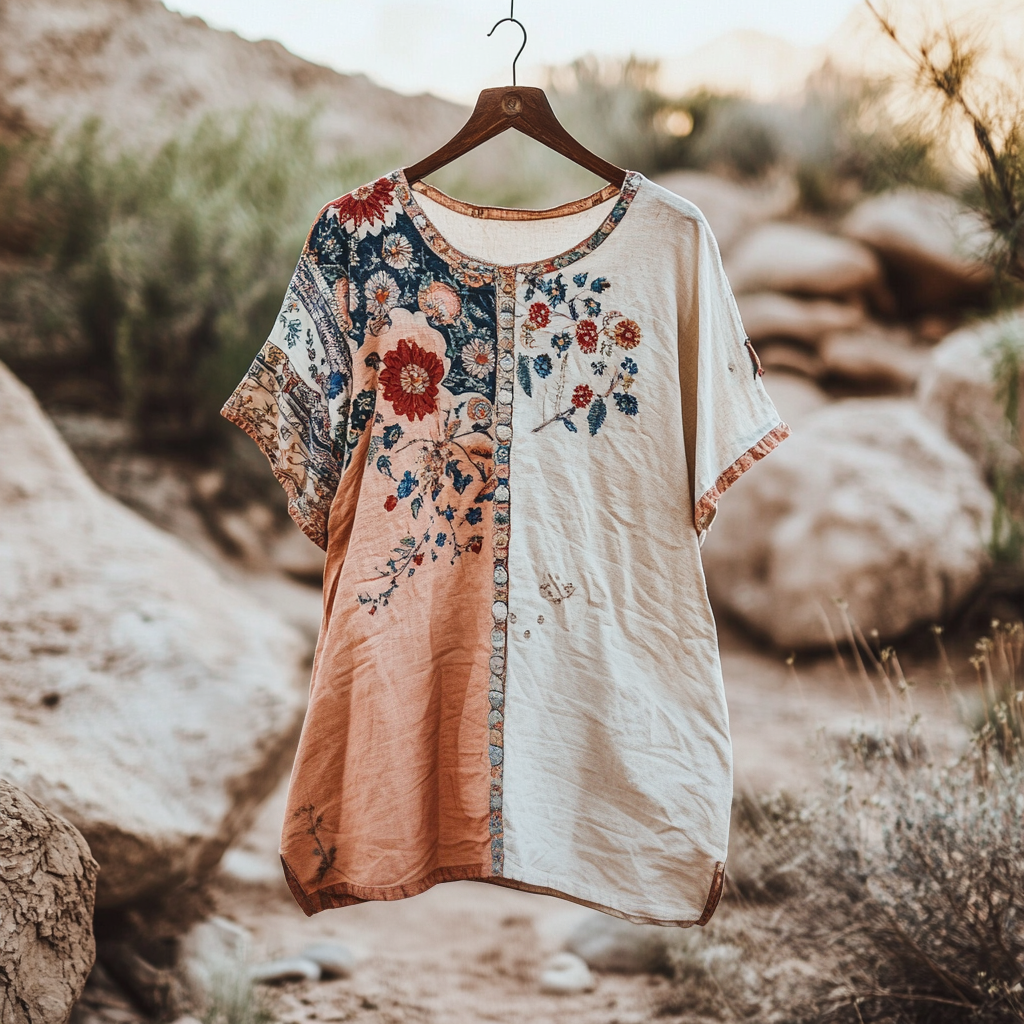 Comstylish Women's Vintage Tribal Floral Stitching Cotton And Linen Shirt