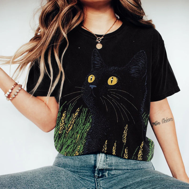 Comstylish Women's Cute Black Cat In The Dark Print T-shirt