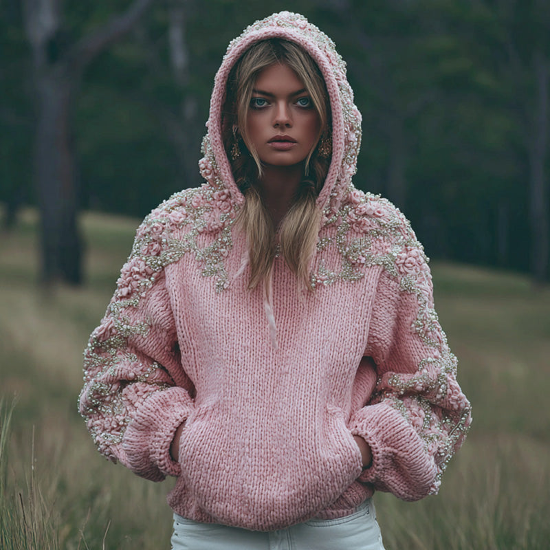 Comstylish Women's Pink Flower Embroidery Art Long Sleeve Hoodie Sweater