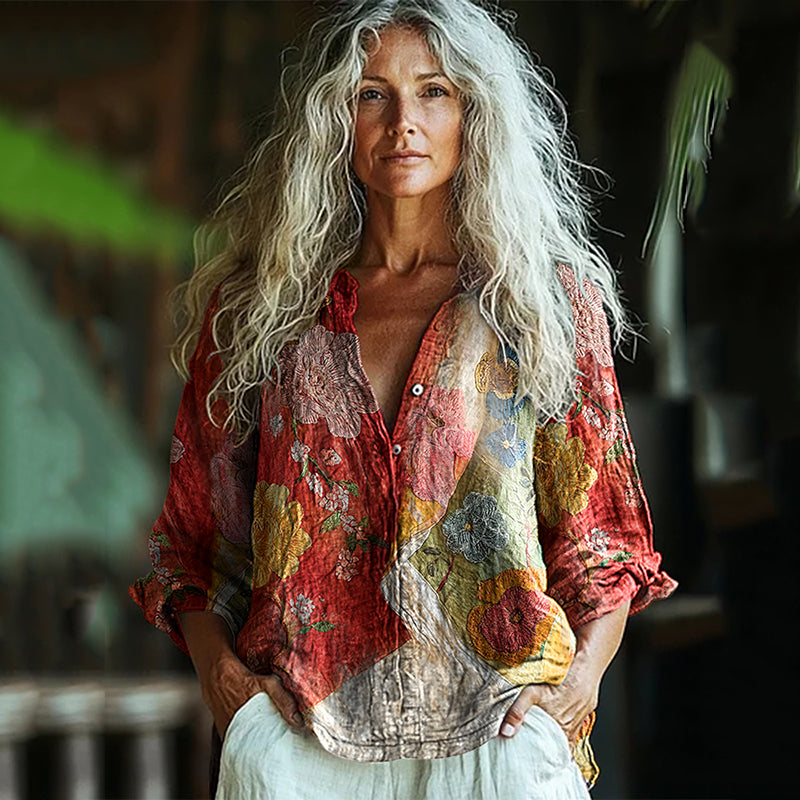 Vintage Boho Bohemian Floral Button Linen Shirt artswardrobe