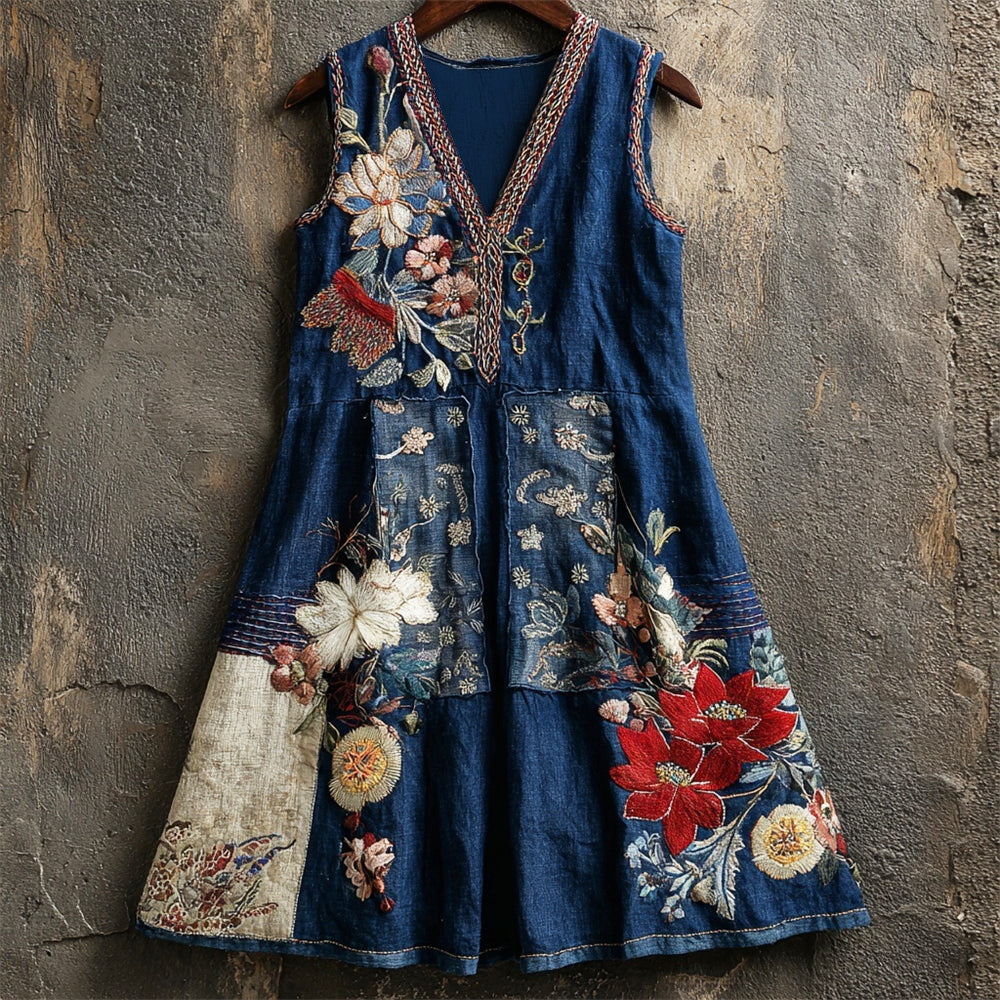 Comstylish Japanese Art Floral Embroidery Women's Linen V-neck Vest Dress