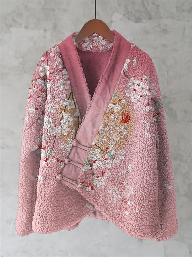 Comstylish Cherry Blossom Full Moon Gradient Cozy Fleece Kimono Cardigan