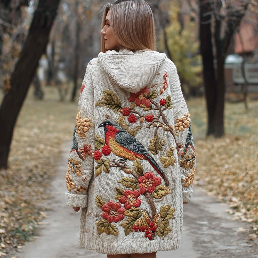 Vintage Bird & Flower Embroidery Women's Knit Hooded Cardigan artswardrobe