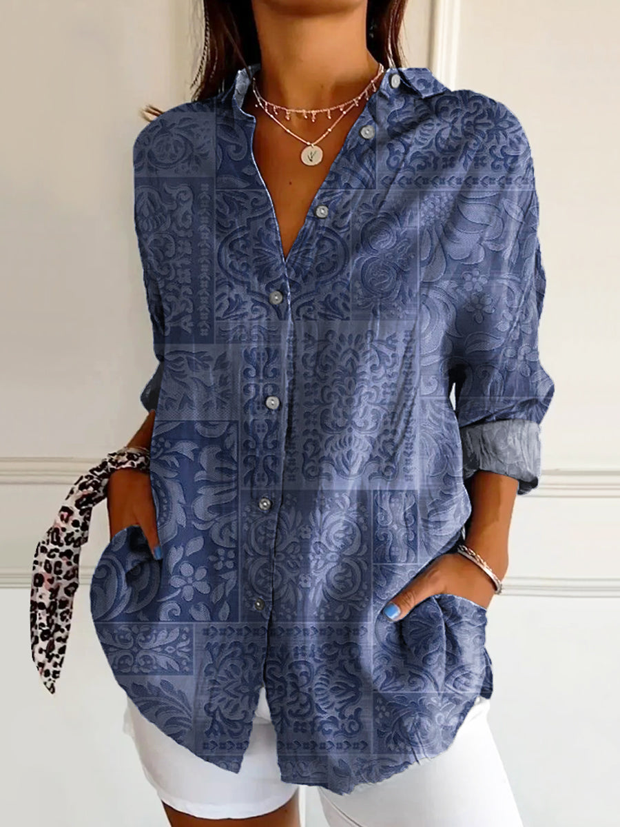 Women's Vintage Floral Art Print Casual Cotton Shirt