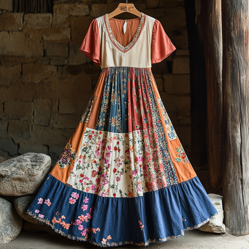 Comstylish Women's Vintage Floral Patchwork Art V-neck Short Sleeve Dress