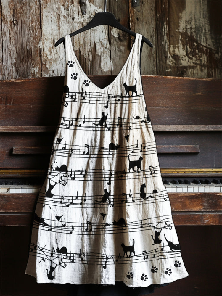 Comstylish Black Cats & Paw Prints Sheet Music Linen Dress