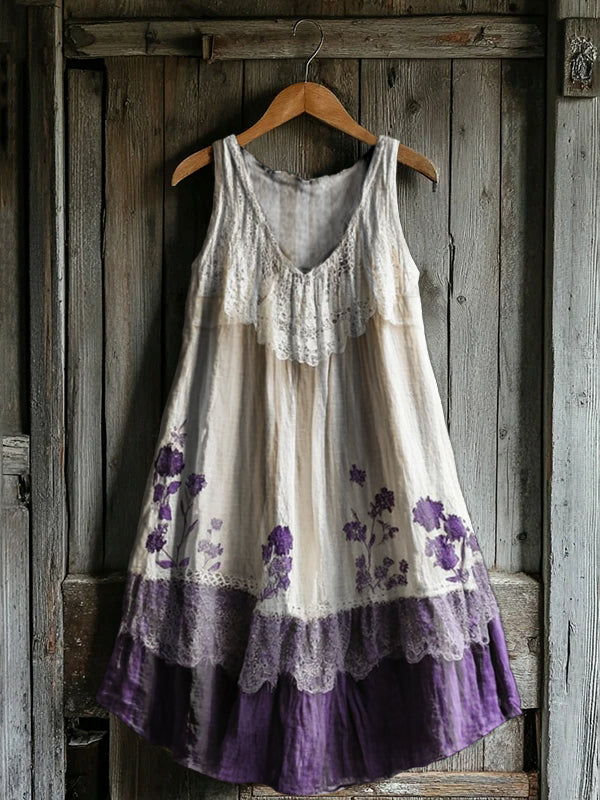 Women's Floral Patchwork Pattern Art Print V-Neck Pocket Cotton Dress