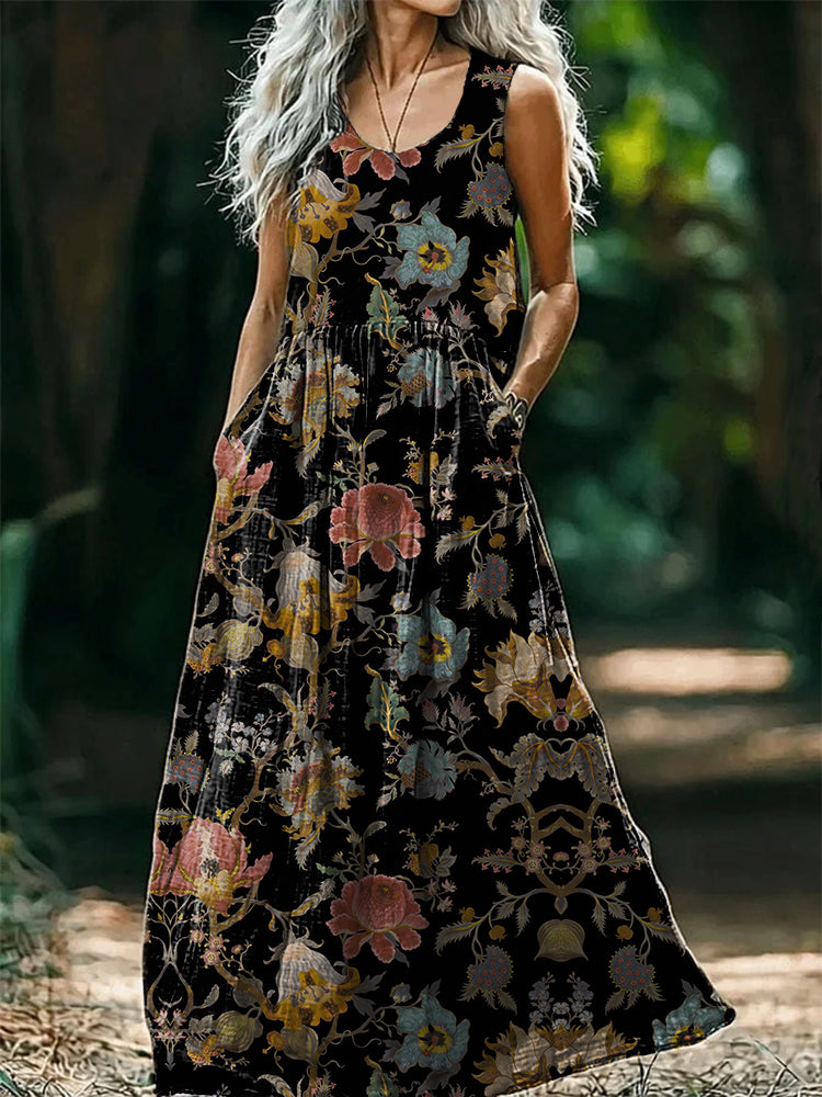 Women's Vintage Ethnic Floral Art Print V-Neck Button Pocket Cotton Dr