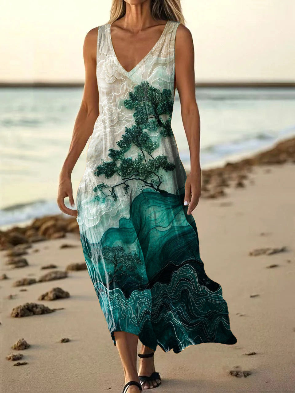 Women's Folk Landscape Art Print Sleeveless V Neck Pocket Cotton Dress