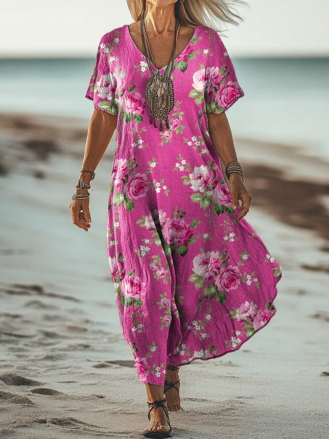 Women's Vintage Rose Floral Art Print Pocket Cotton Dress