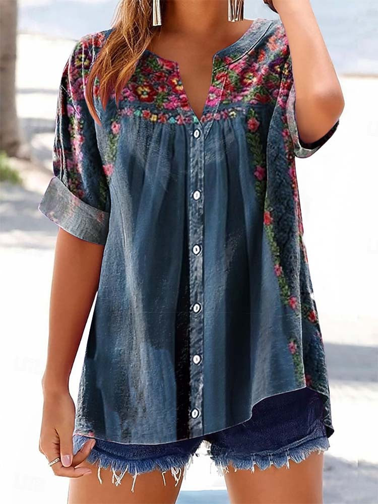 Women's Vintage Floral Pattern Art Print Casual Cotton Linen Shirt