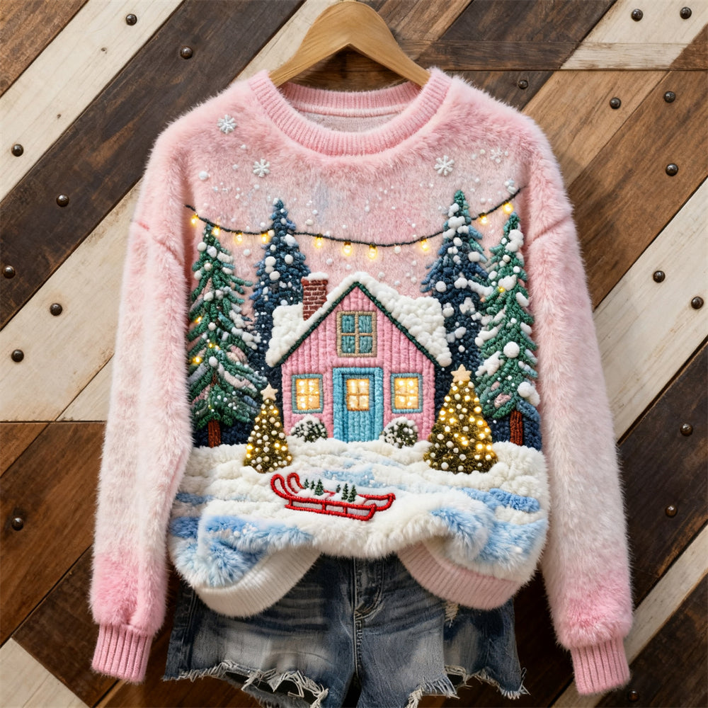 Comstylish Christmas Snow House Art Women's Cozy Plush Sweater
