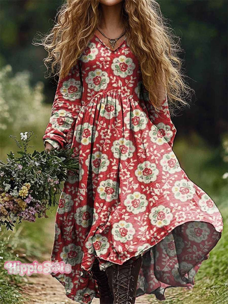 Women's Vintage Floral Print Casual V-Neck Pocket Cotton Dress