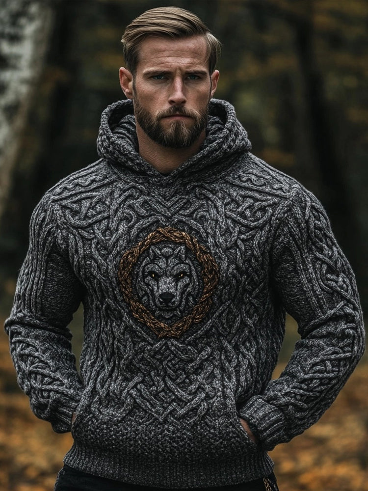 Men's Viking Wolf Celtic Cozy Chunky Hooded Sweater artswardrobe