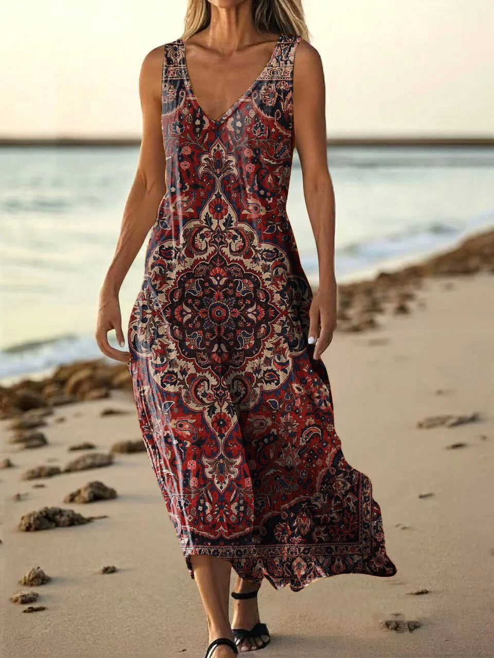 Women's Vintage Ethnic Tattoo Pattern Art Print Pocket Cotton Dresses