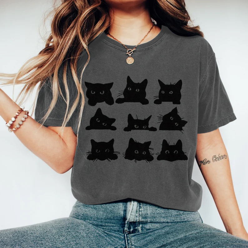 Comstylish Abstract Creative Black Cats Art Print T-shirt