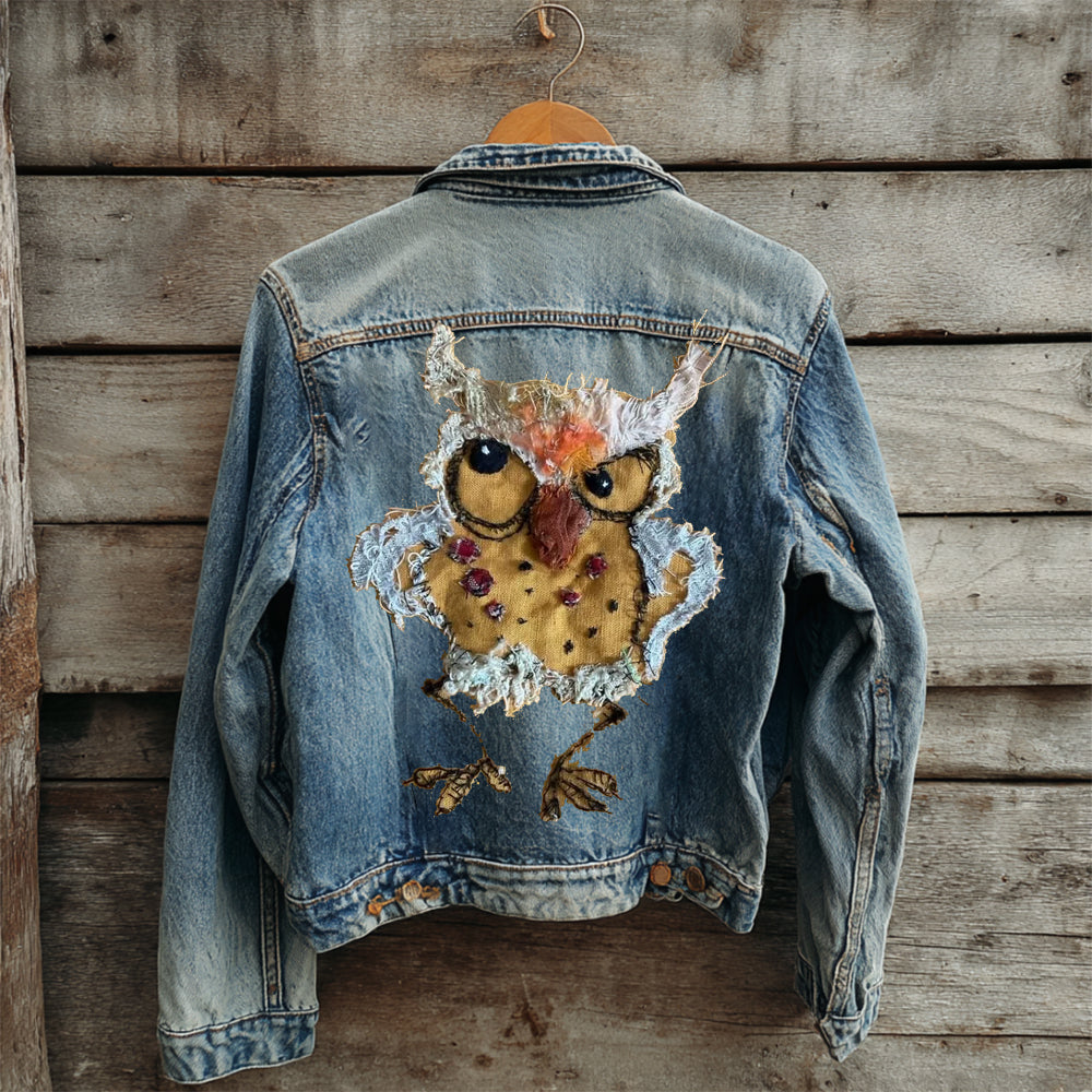 Comstylish Quirky Owl Patch Vintage Denim Jacket