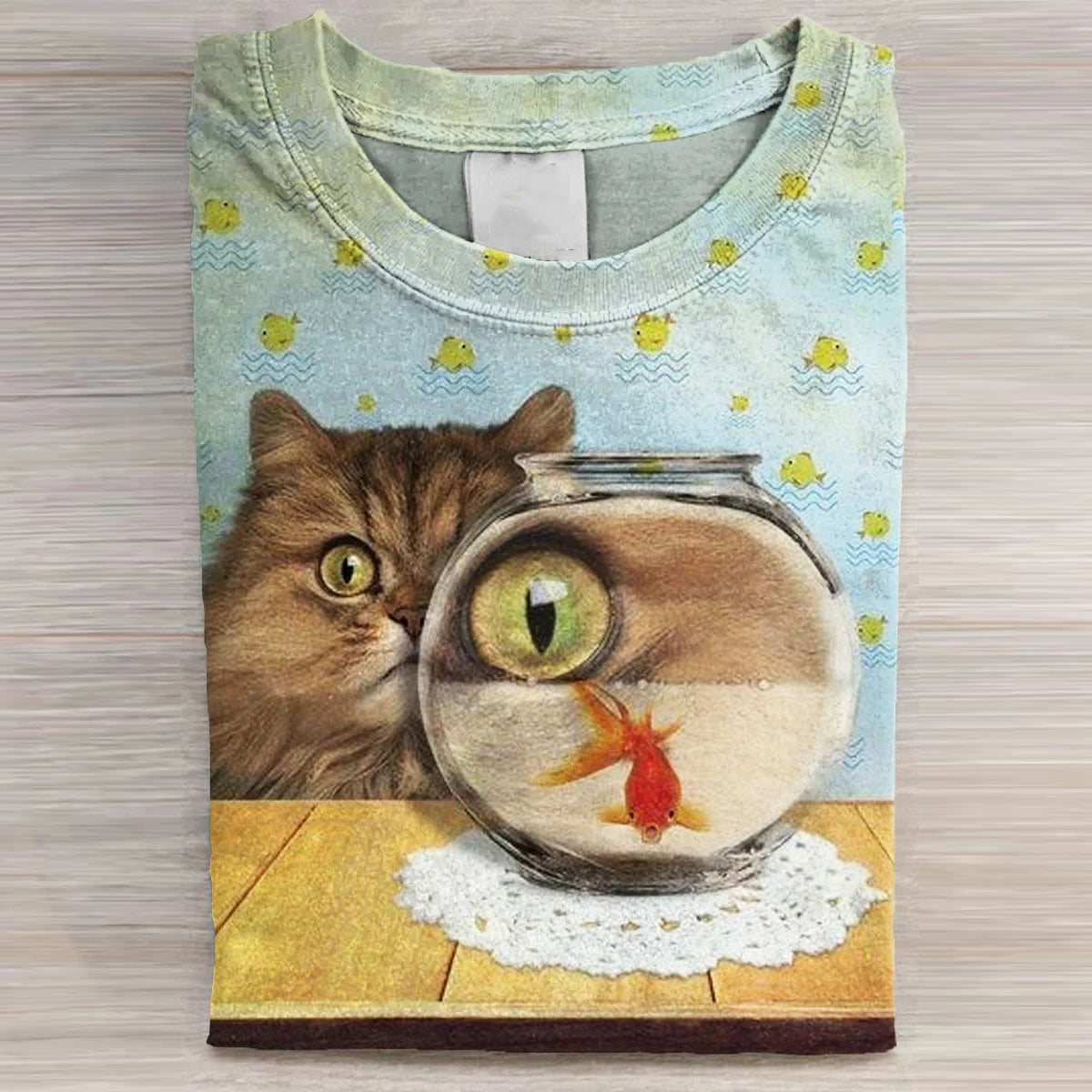 Abstract Creative Funny Cat With Fish Art Print Cotton Graphic T-shirt elevenforest