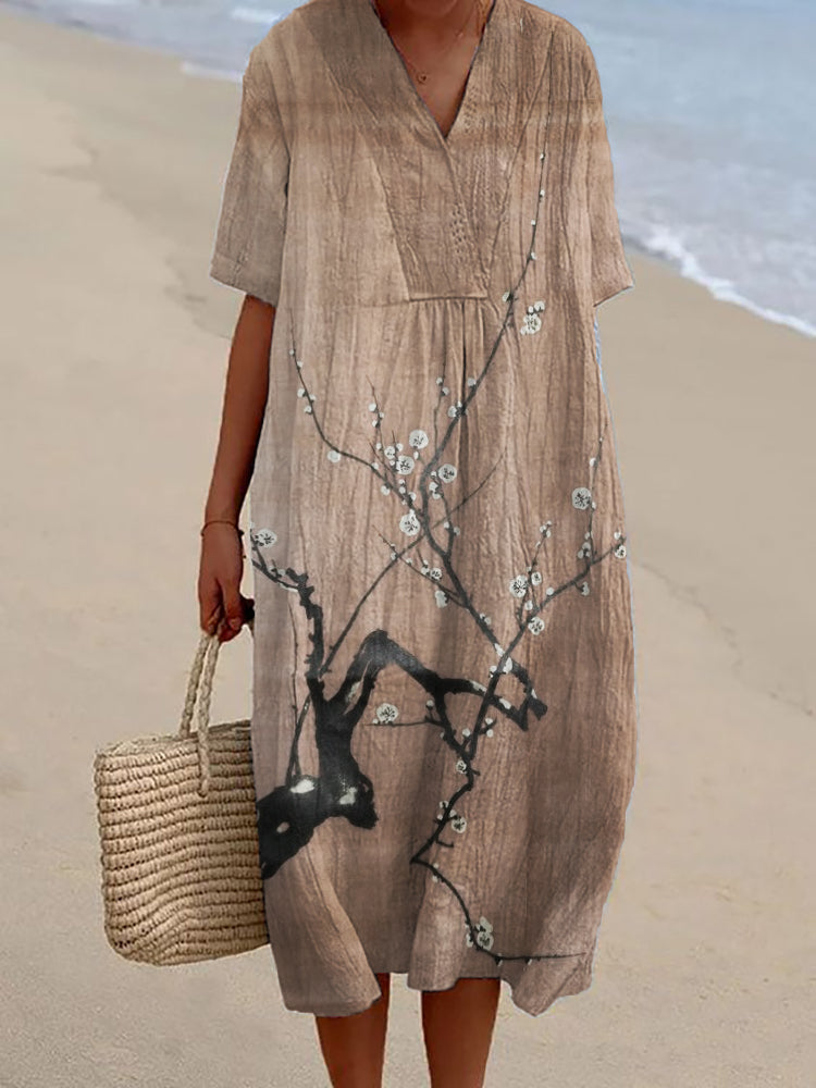 Comstylish Simple Plum Blossom Japanese Art Linen Blend Dress