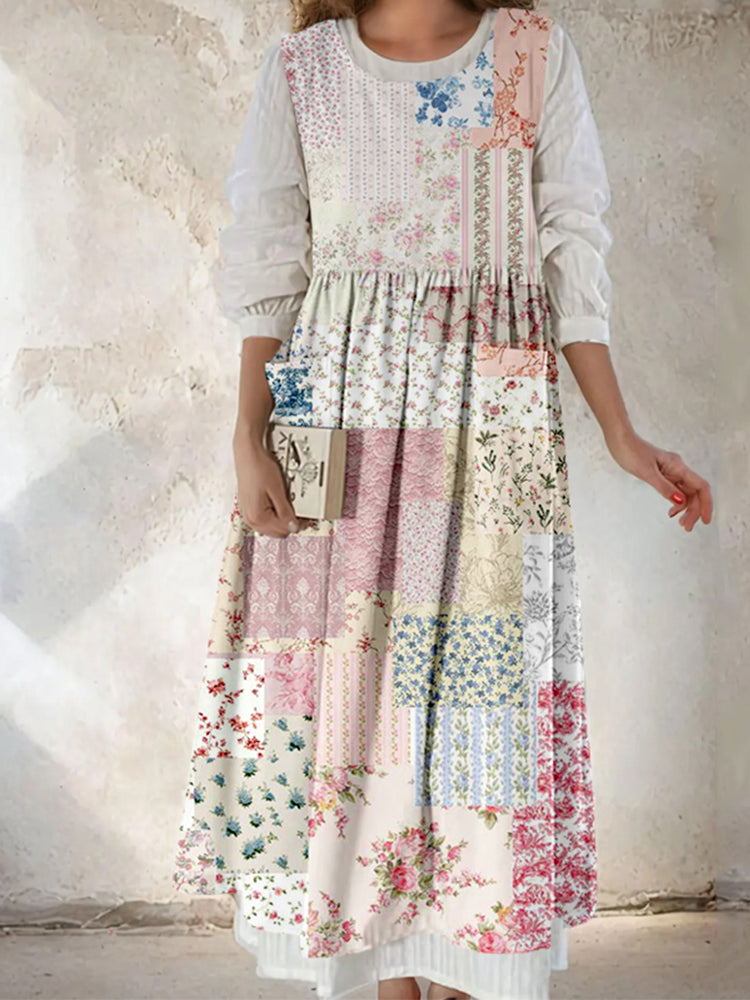 Vintage Cottagecore Floral Patchwork Pinafore Midi Dress artswardrobe