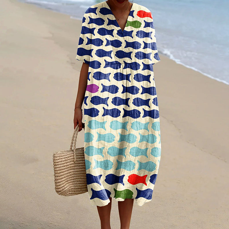 Comstylish Women's Vintage Ocean Fish Art Print Flowy Dress