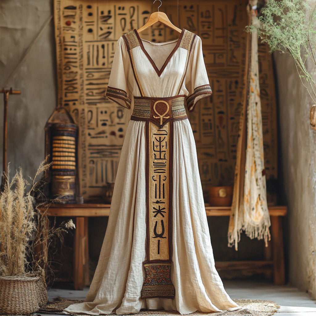 Egyptian Nile Goddess Ankh Totem Women's Linen Short Sleeve Maxi Dress elevenforest
