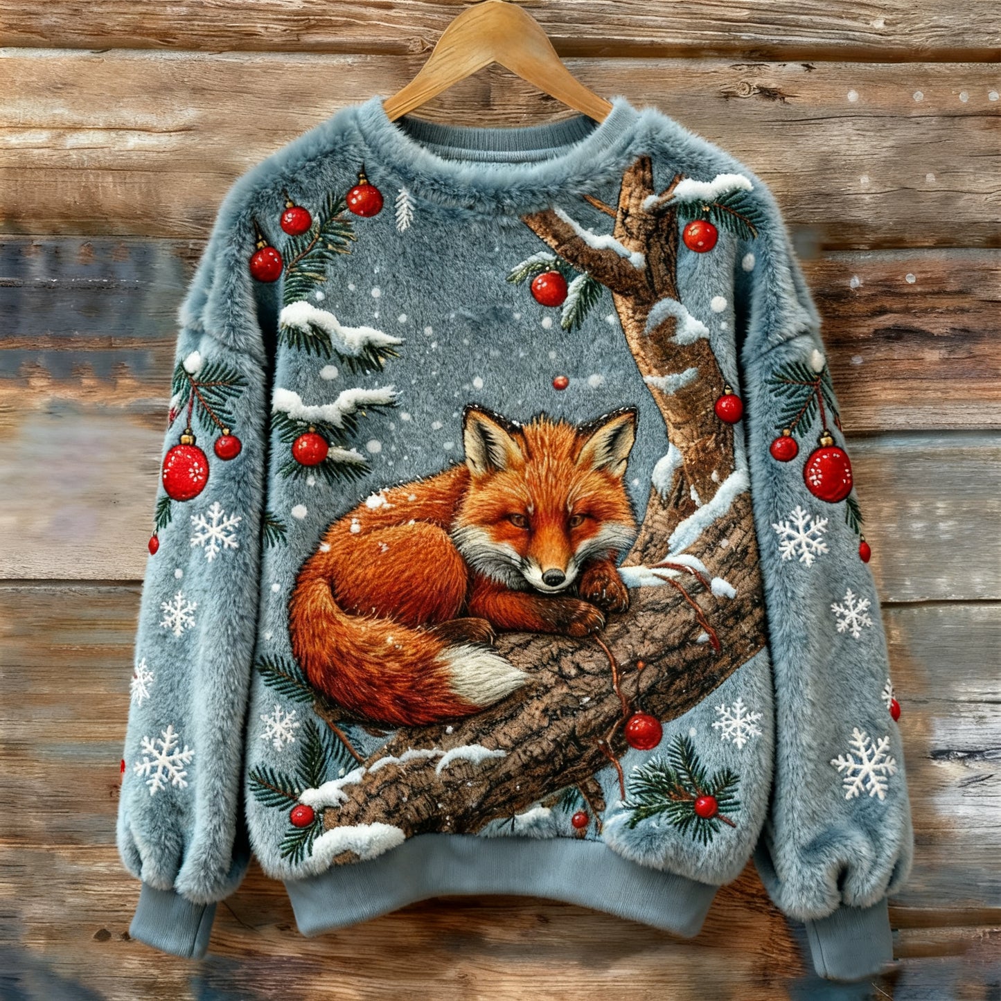 Comstylish Vintage Christmas Lazy Fox Art Women's Cozy Plush Sweater