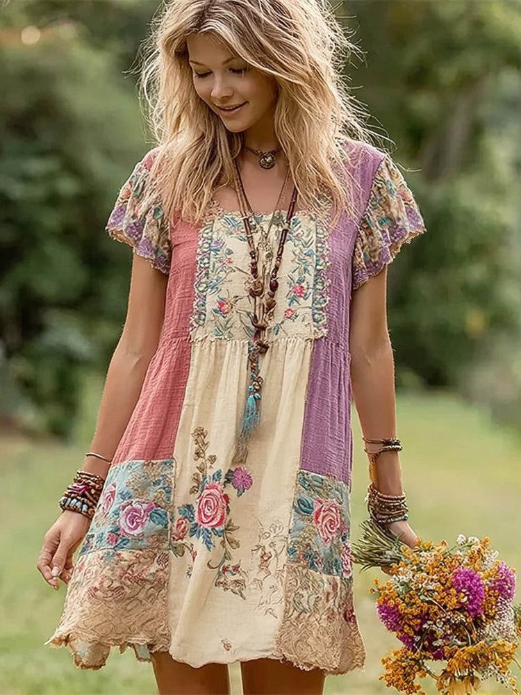 Boho Floral Patchwork Art Women's Linen Short Sleeve Mini Dress artswardrobe