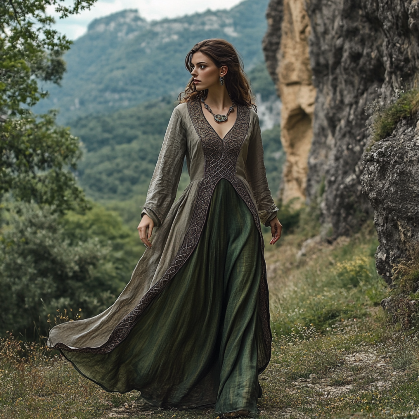 Vintage Vintage Viking Tribal Celtic Knot Art Linen V-neck Maxi Dress artswardrobe