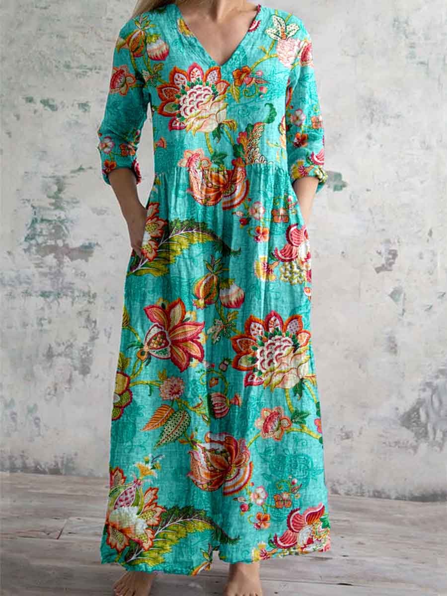 Women's Vintage Elegant Floral Pattern Cotton and Linen Dress with Poc