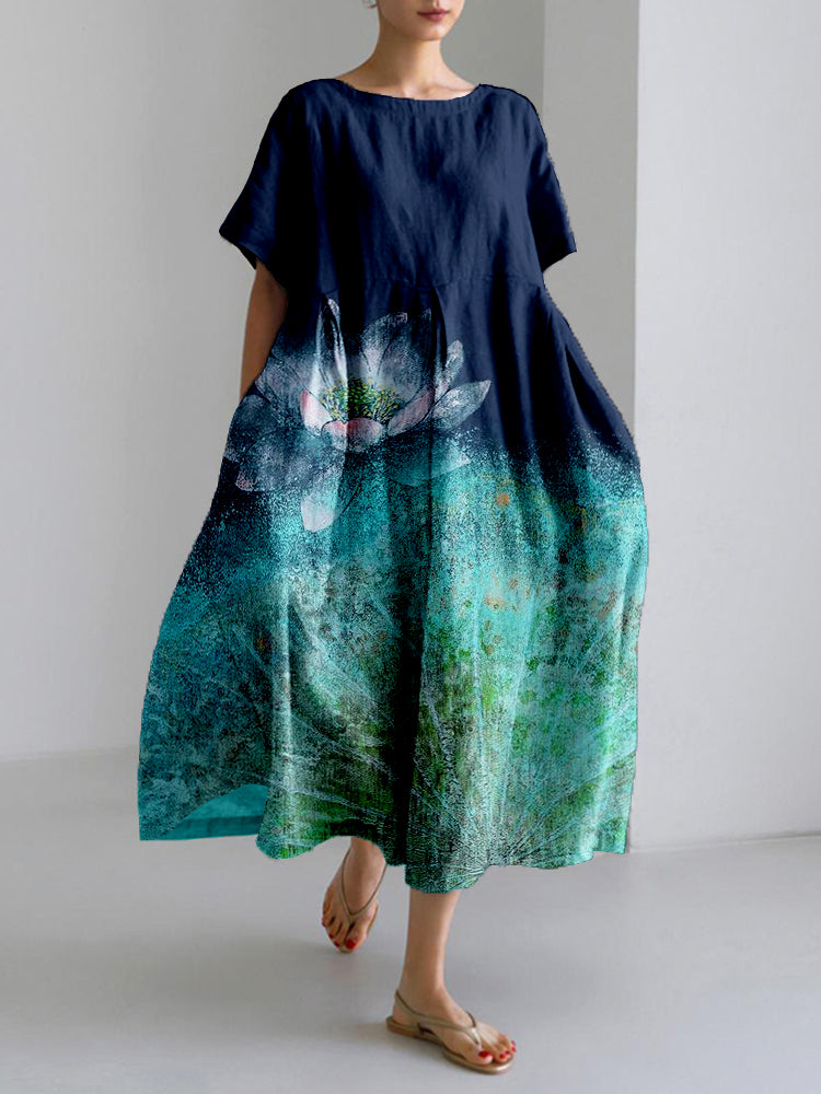 Comstylish Vintage Lotus Flower Art Linen Blend Comfy Maxi Dress