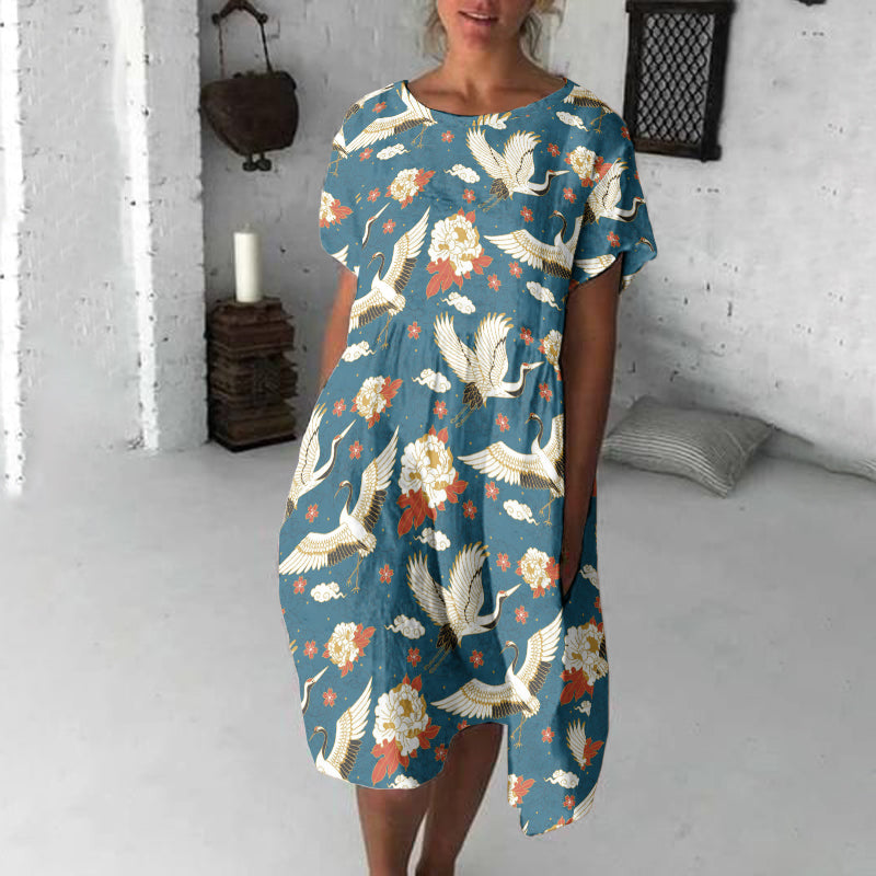 Comstylish Vintage Crane Japanese Art Flowy Midi Dress