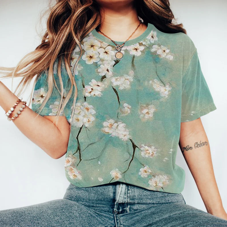 Comstylish Women Japanese Art Floral Printed Round Neck T-Shirt