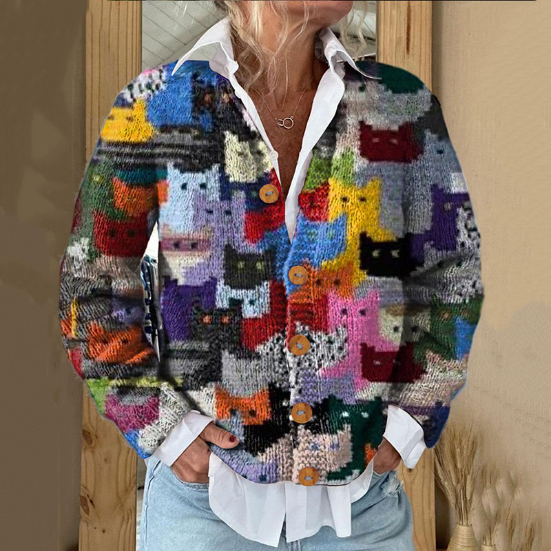 Multicolor Cat Print Long Sleeve Knitted Cardigan elevenforest