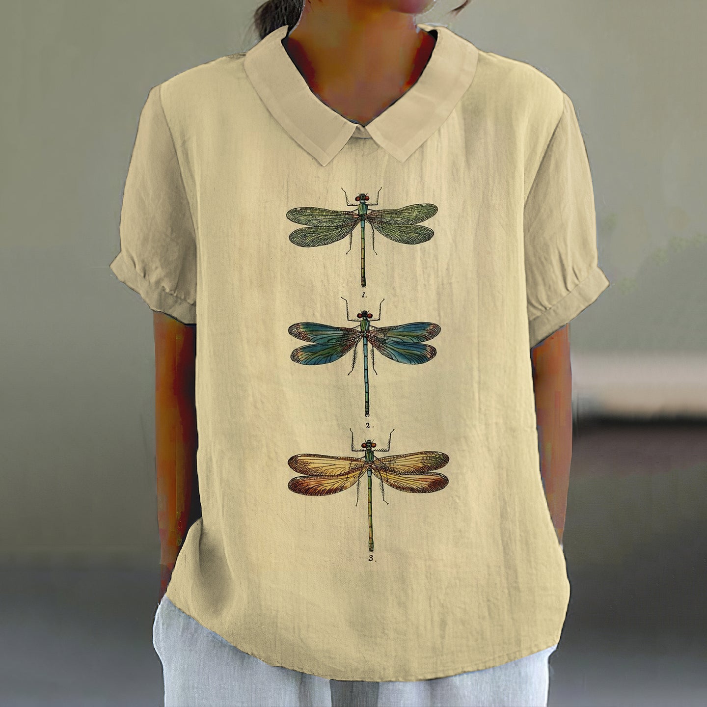 Comstylish Women'S Casual Dragonfly Cotton Blend Print Lapel Shirt