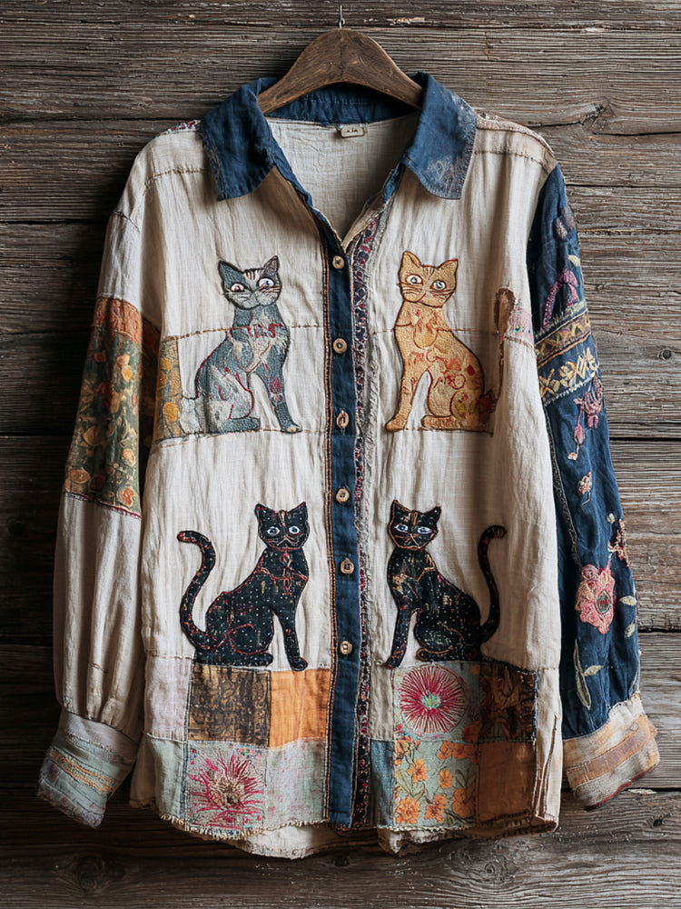 Comstylish Vintage Cat Embroidery Art Women's Linen Long Sleeve Shirt