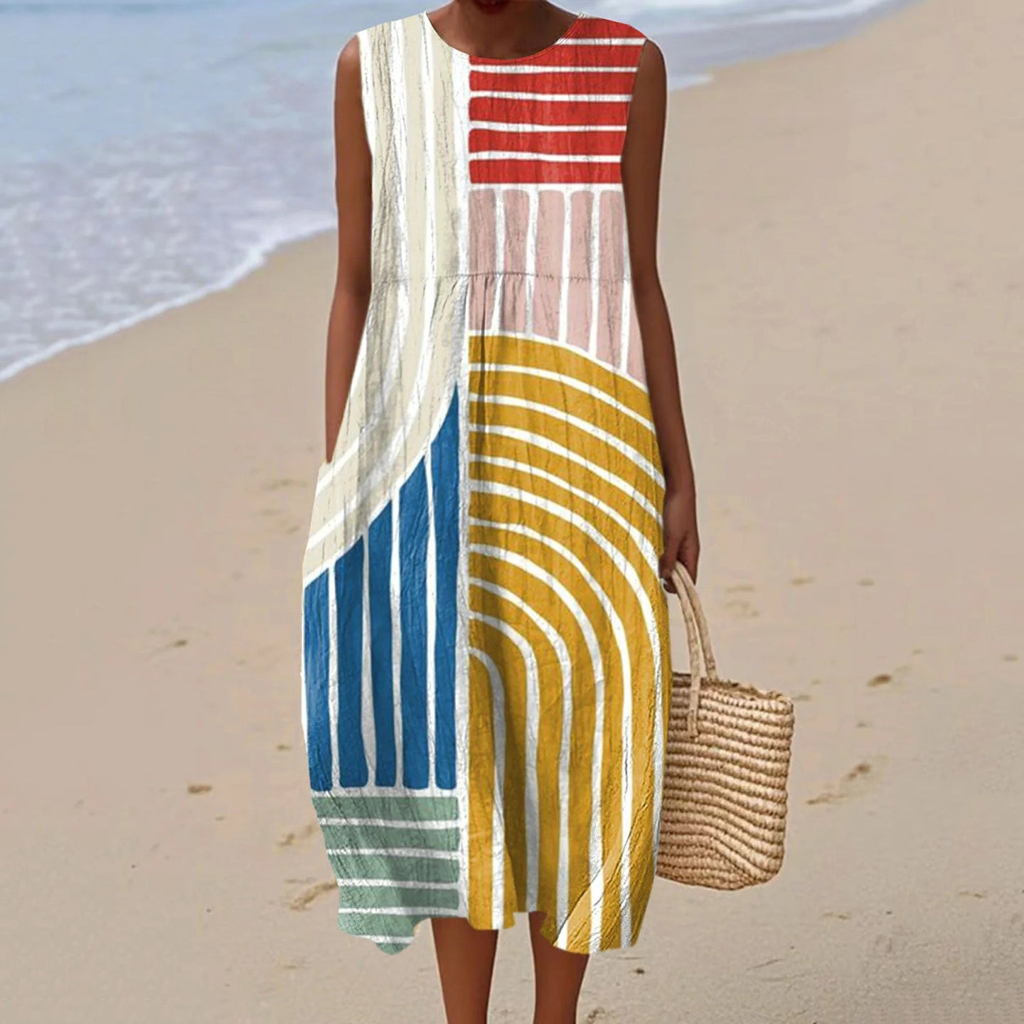 Comstylish Women's Vintage Abstract Stripes Art Print Cotton Casual Dress