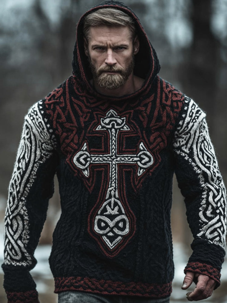 Men's Viking Style Cross Color Blocked Hooded Sweater artswardrobe